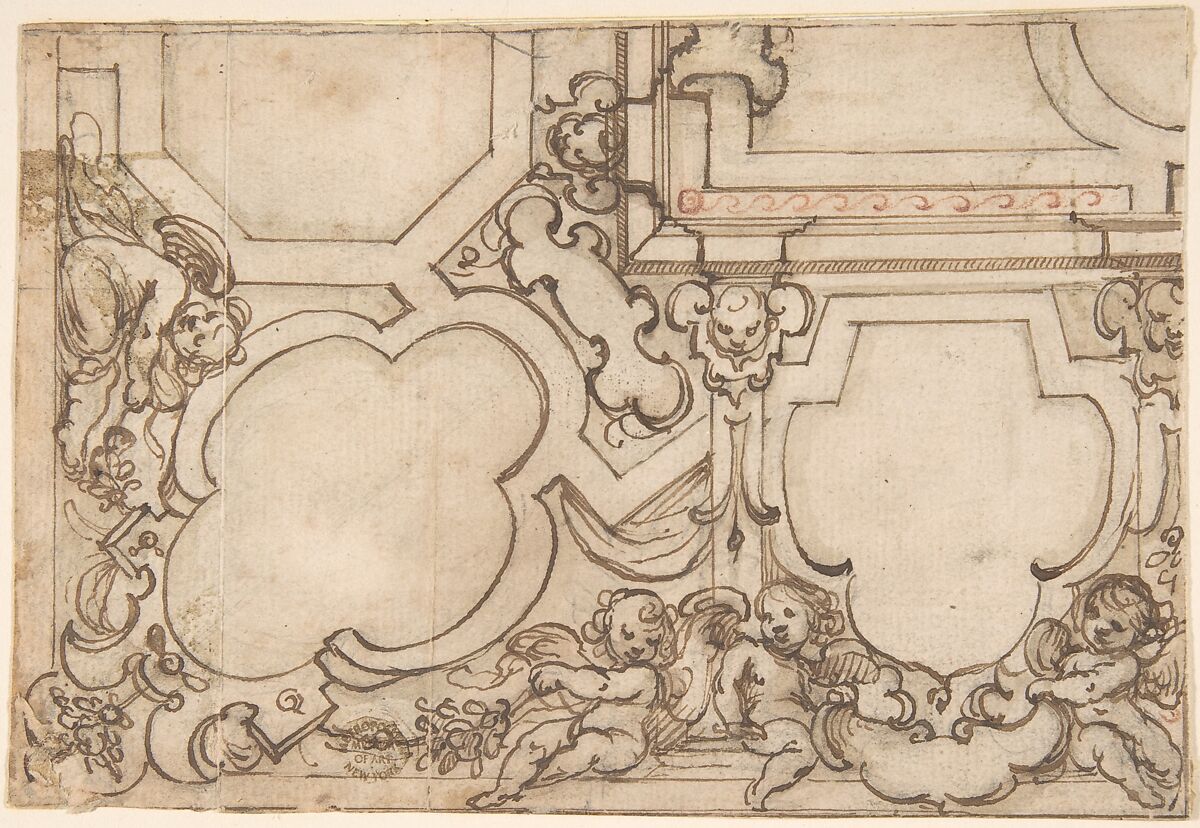 Decorative Design, Anonymous, Spanish, 17th century, Pen and brown ink with brush and brown wash, and red chalk, over black chalk underdrawing 