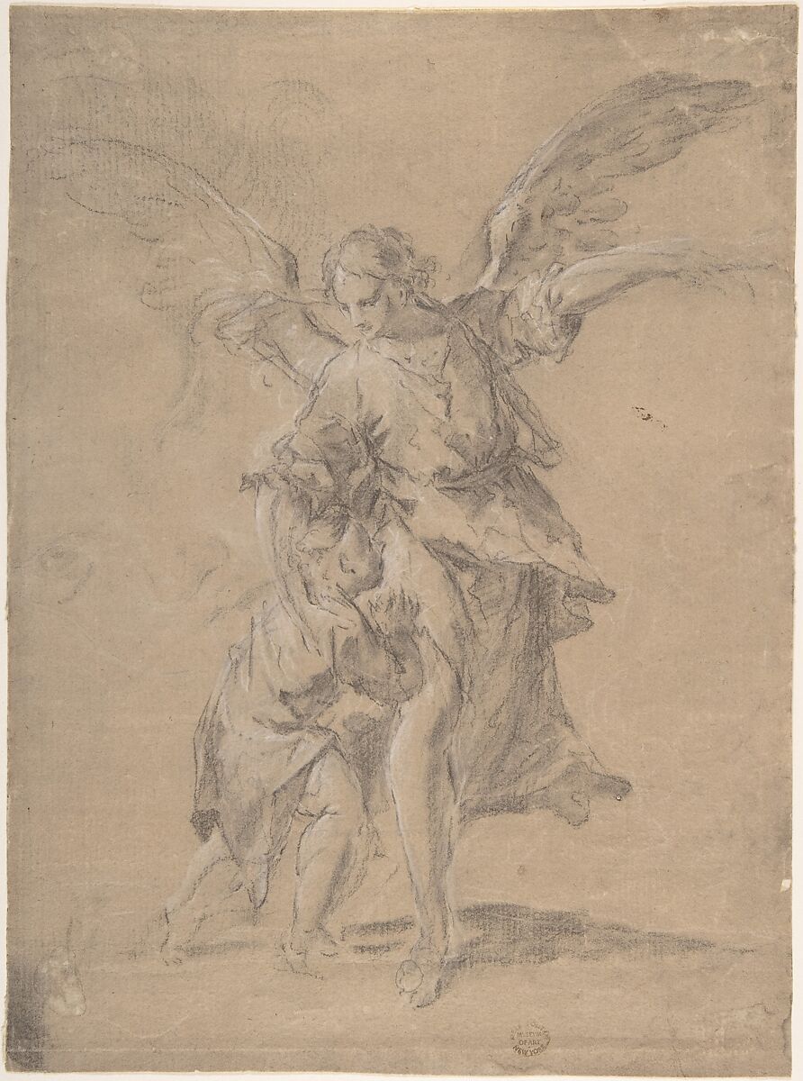 Tobias and the Angel, Anonymous, Spanish, 17th century, Black chalk, highlighted with white chalk on beige prepared paper 