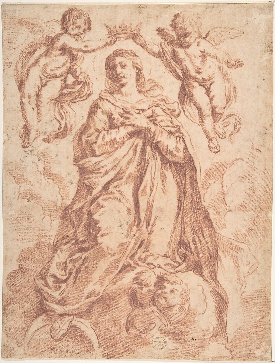 Coronation of the Virgin, Anonymous, Spanish, 17th century, Red chalk on beige paper 