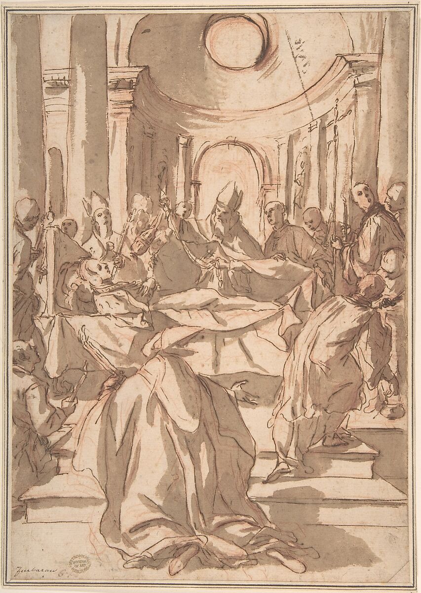A Death Scene, Anonymous, Spanish, 17th century, Pen and dark brown ink with brush and brown wash, over red chalk underdrawing 