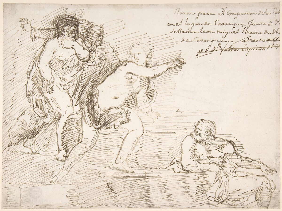 Unidentified Subject with Male Nudes at Left and Right, with a Female Nude at Center, Anonymous, Spanish, 17th century, Pen and brown ink on off-white paper 