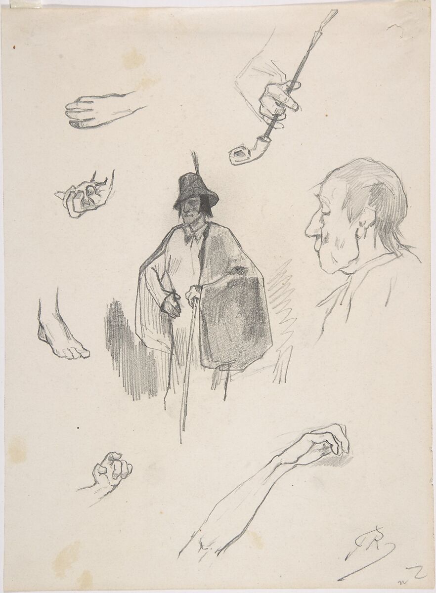 Sheet with figures, details of hands and feet, Félicien Rops (Belgian, Namur 1833–1898 Essonnes), Graphite 