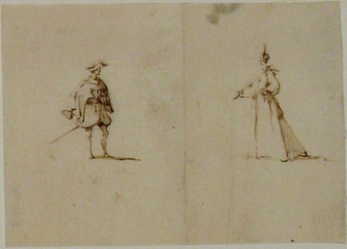 Lady and a genteman facing each other, Jacques Callot (French, Nancy 1592–1635 Nancy), Pen and brown ink, on two pieces of paper pieced together 