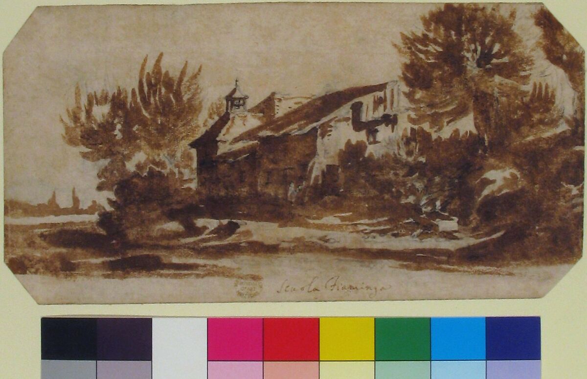 Landscape with a Country Chapel, Jacques Callot (French, Nancy 1592–1635 Nancy), Brush and brown wash over black chalk