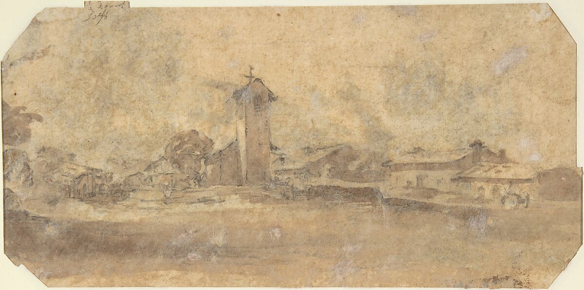 Landscape with a Country Chapel, Jacques Callot (French, Nancy 1592–1635 Nancy), Brush and brown wash over black chalk