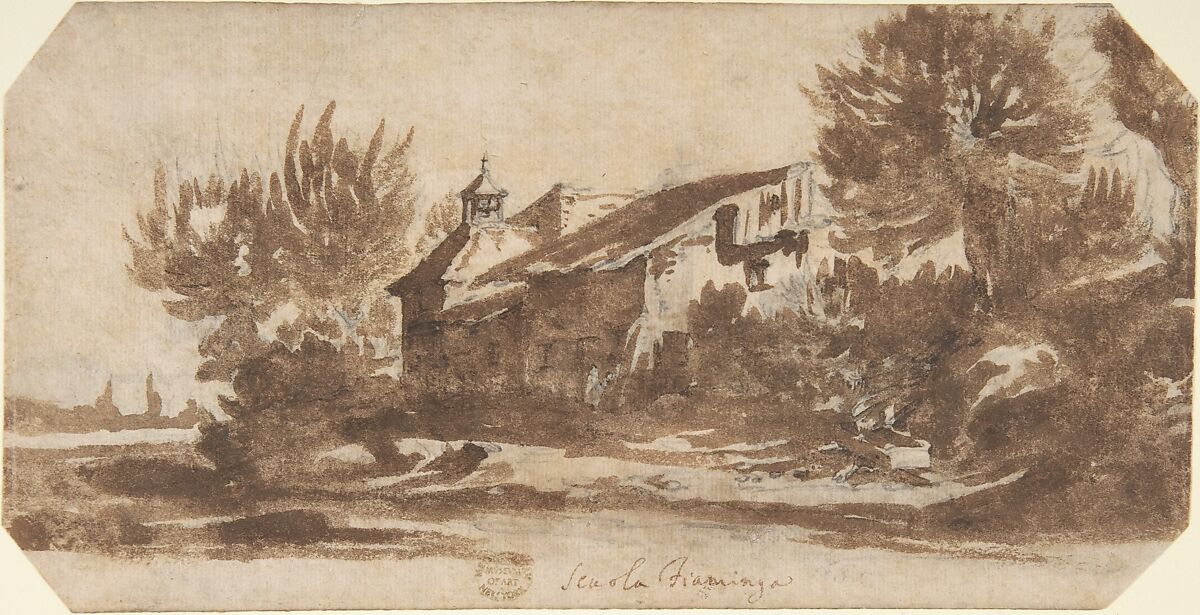Landscape with a Country Chapel, Jacques Callot (French, Nancy 1592–1635 Nancy), Brush and brown wash over black chalk 