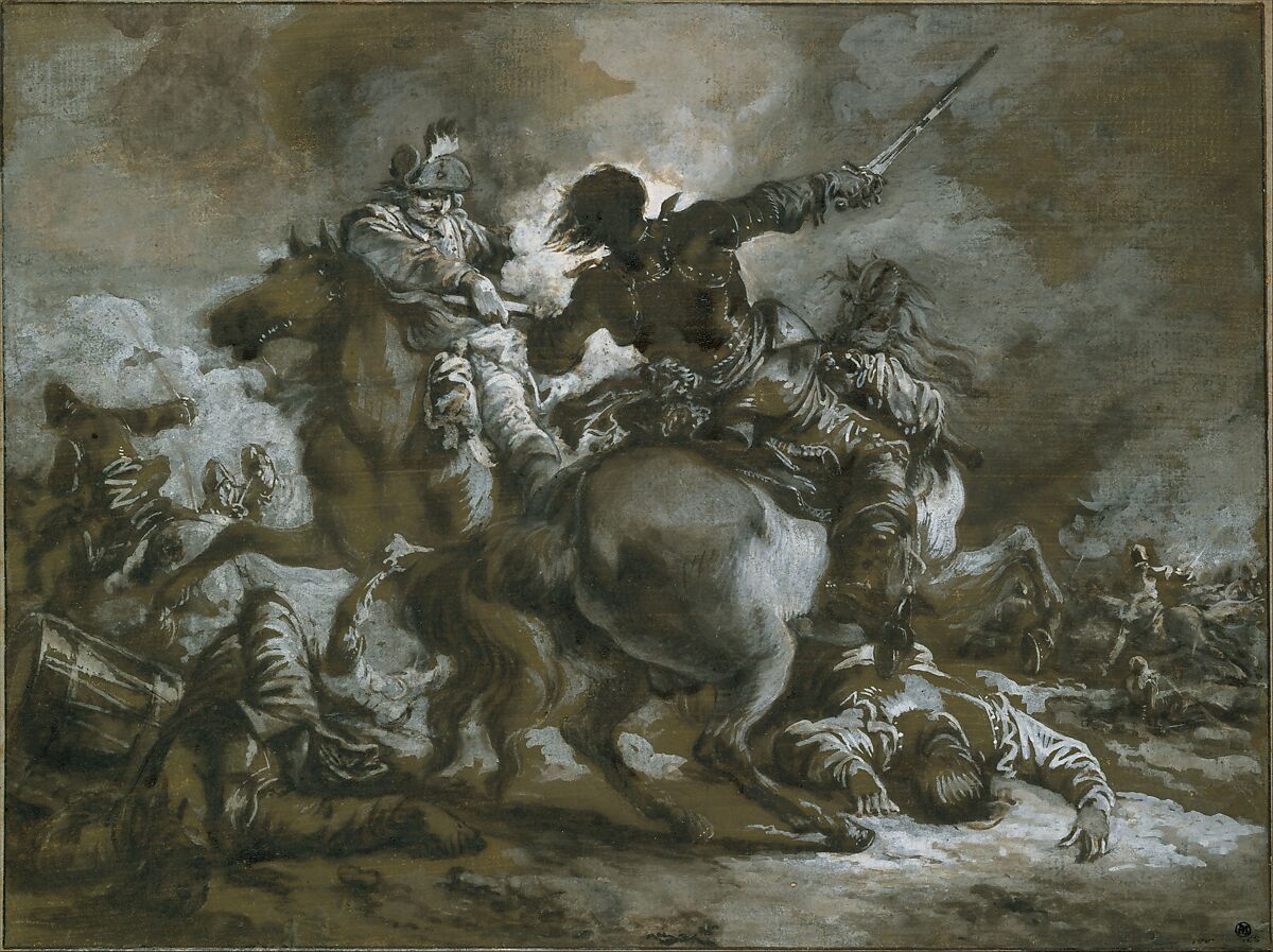 Cavalry Skirmish with a Fallen Drummer at Left, Francesco Casanova (Italian, London 1727–1803 Brühl), Brush and gray and brown wash, heightened with white 