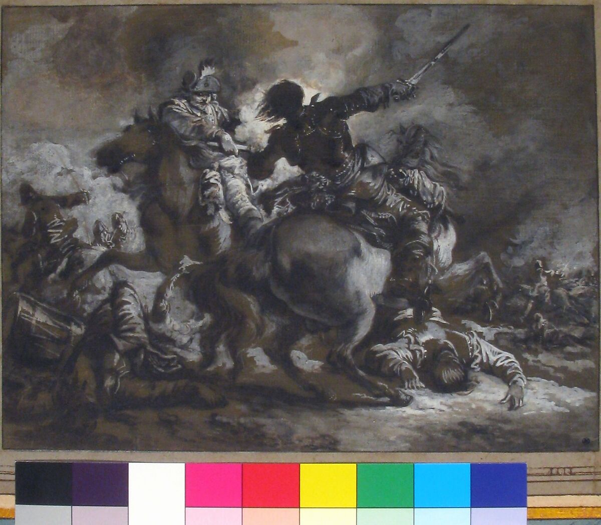 Cavalry Skirmish with a Fallen Drummer at Left, Francesco Casanova (Italian, London 1727–1803 Brühl), Brush and gray and brown wash, heightened with white