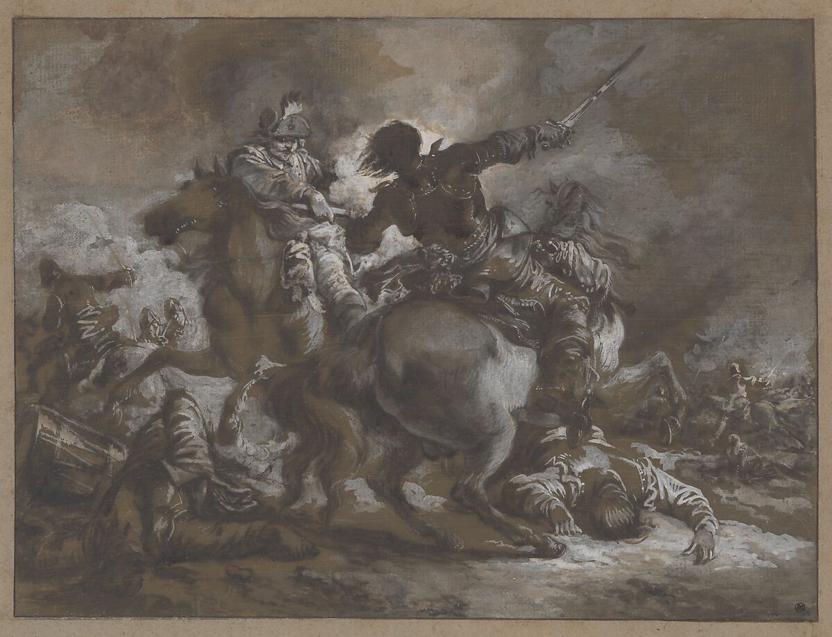 Cavalry Skirmish with a Fallen Drummer at Left, Francesco Casanova (Italian, London 1727–1803 Brühl), Brush and gray and brown wash, heightened with white