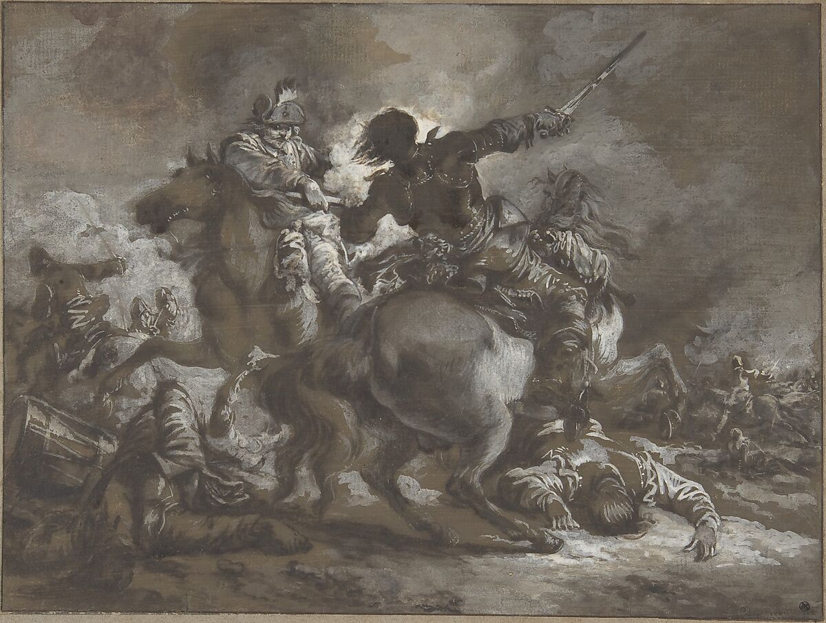 Cavalry Skirmish with a Fallen Drummer at Left, Francesco Casanova (Italian, London 1727–1803 Brühl), Brush and gray and brown wash, heightened with white