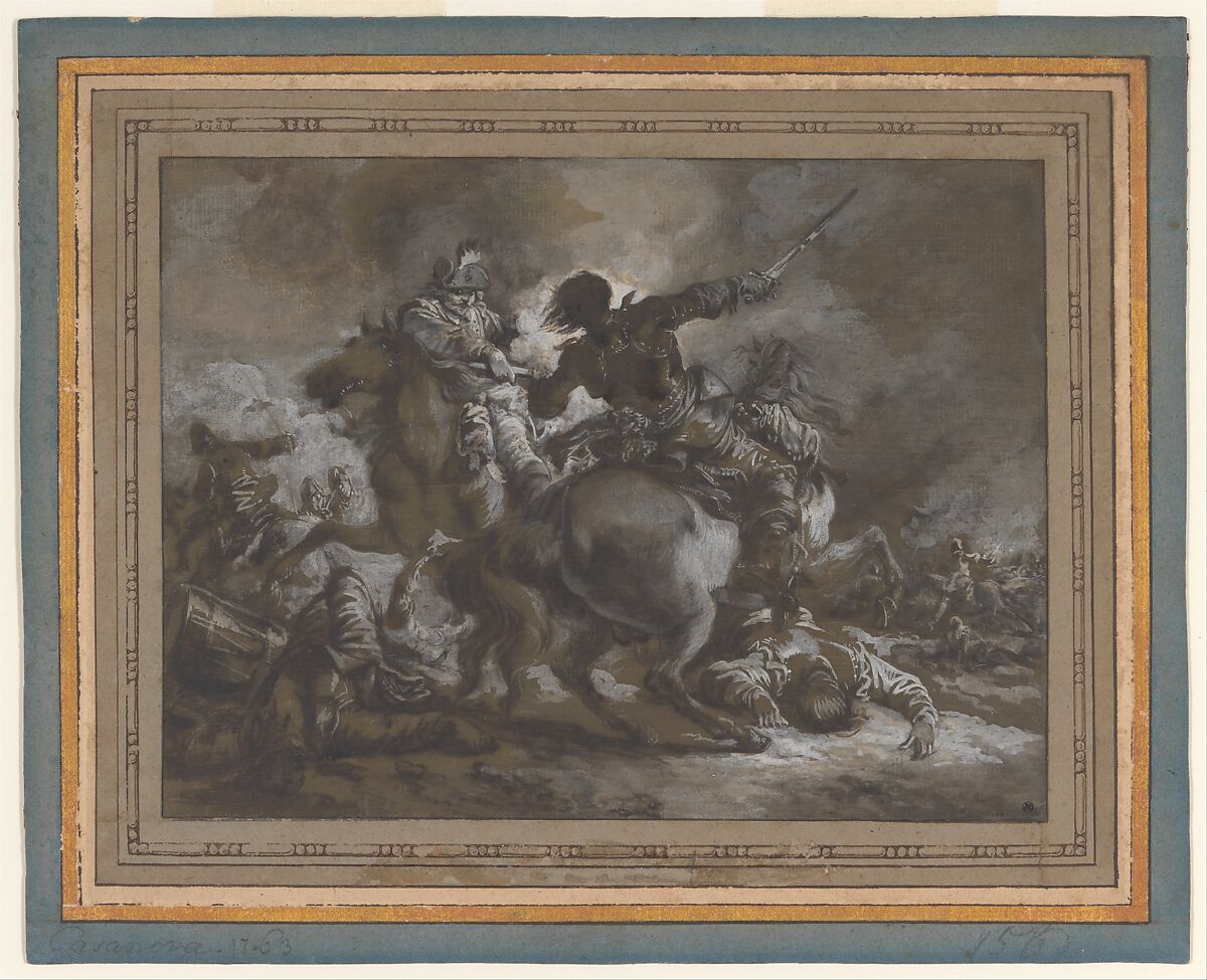 Cavalry Skirmish with a Fallen Drummer at Left, Francesco Casanova (Italian, London 1727–1803 Brühl), Brush and gray and brown wash, heightened with white