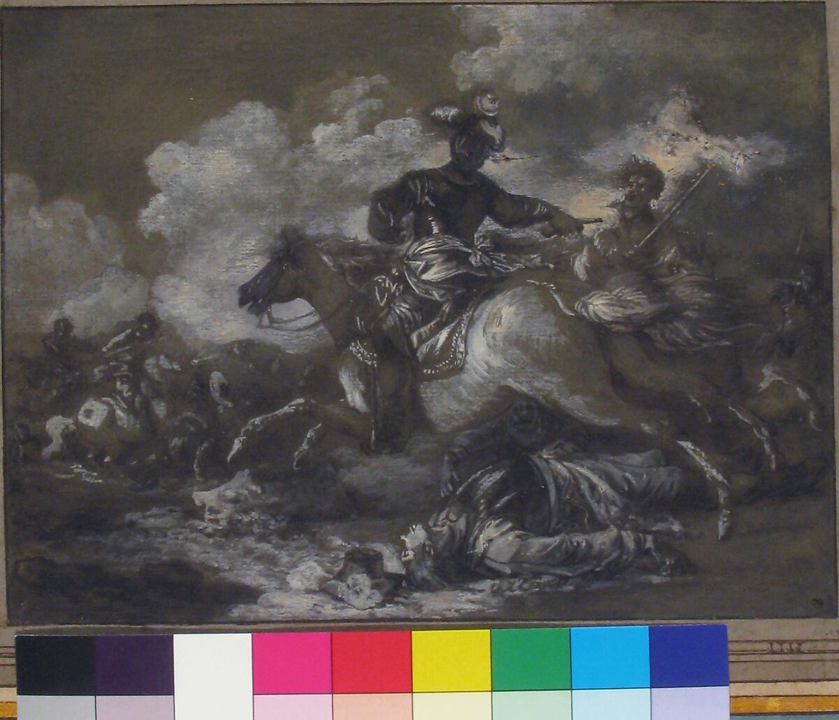 Cavalry Skirmish with a Fallen Soldier at Right, Francesco Casanova (Italian, London 1727–1803 Brühl), Brush with gray and brown wash, heightened with white