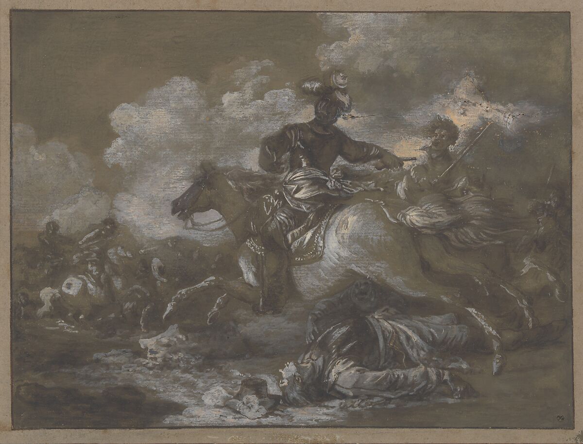 Cavalry Skirmish with a Fallen Soldier at Right, Francesco Casanova (Italian, London 1727–1803 Brühl), Brush with gray and brown wash, heightened with white