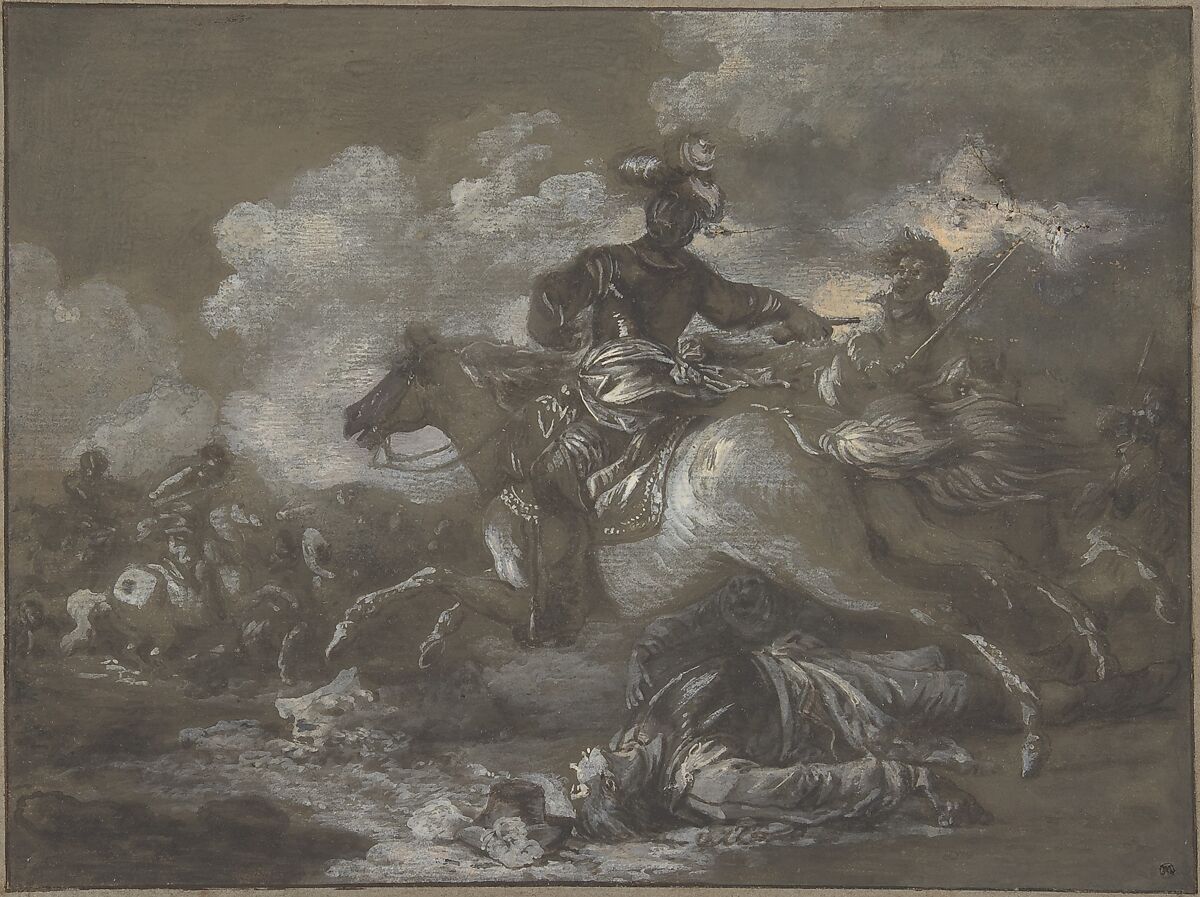 Cavalry Skirmish with a Fallen Soldier at Right, Francesco Casanova (Italian, London 1727–1803 Brühl), Brush with gray and brown wash, heightened with white 