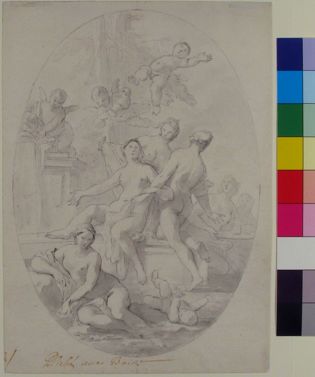 The Bath of Psyche, Pierre Jacques Cazes (French, Paris 1676–1754 Paris), Pen and gray ink, gray wash, over black chalk; oval framing line in pen and gray ink, over black chalk