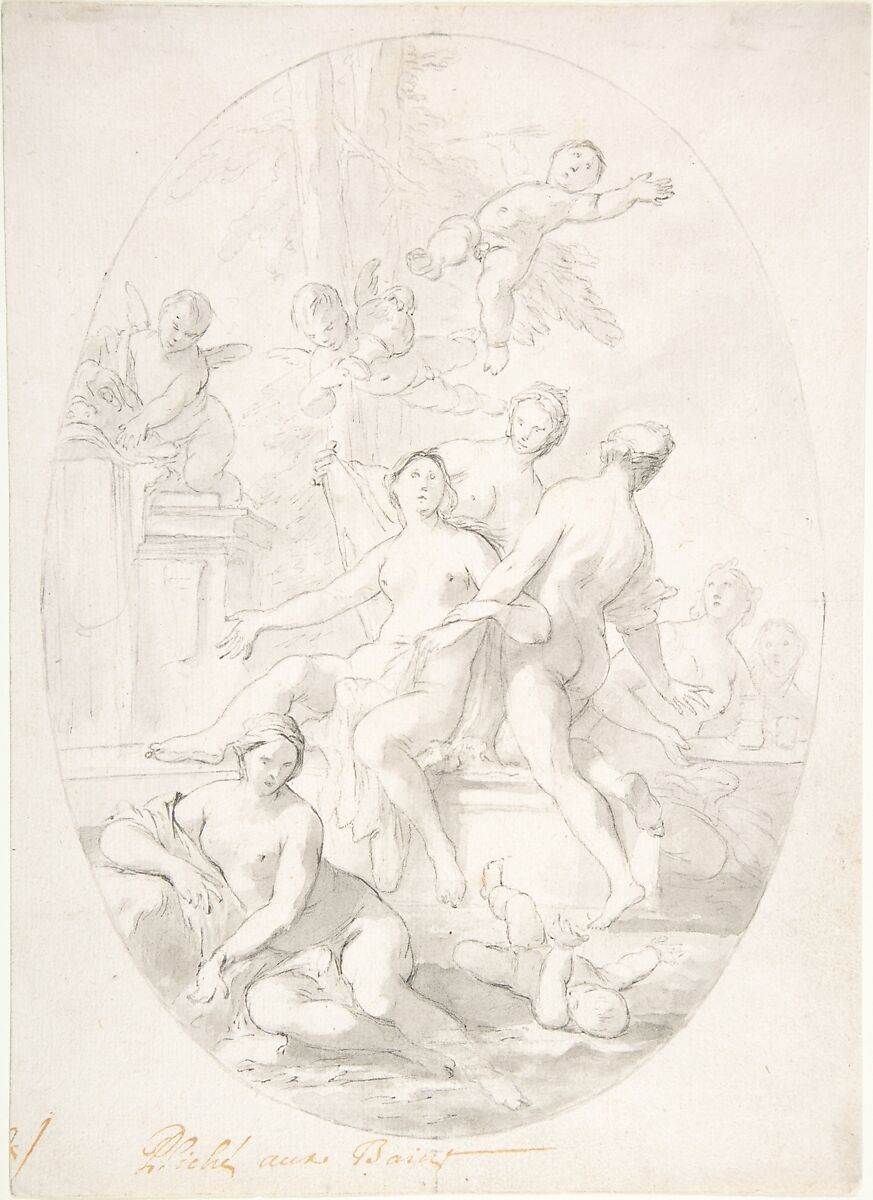 The Bath of Psyche, Pierre Jacques Cazes (French, Paris 1676–1754 Paris), Pen and gray ink, gray wash, over black chalk; oval framing line in pen and gray ink, over black chalk 