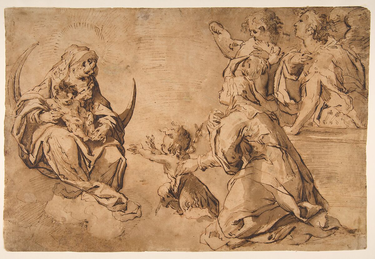 Madonna and Child with Saint John, Saint Anne, and Two Angels in Adoration, Francesco Stringa (Italian, Modena 1635–1709 Modena), Pen and brown ink, brush and brown wash, over traces of red chalk on light brown paper 