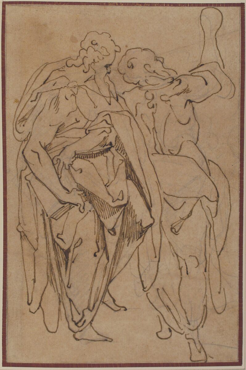 Two Standing Male Figures, Attributed to Jacopo Zucchi (Italian, Florence ca. 1540–1596 Rome), Pen and brown ink over black chalk underdrawing; on beige paper