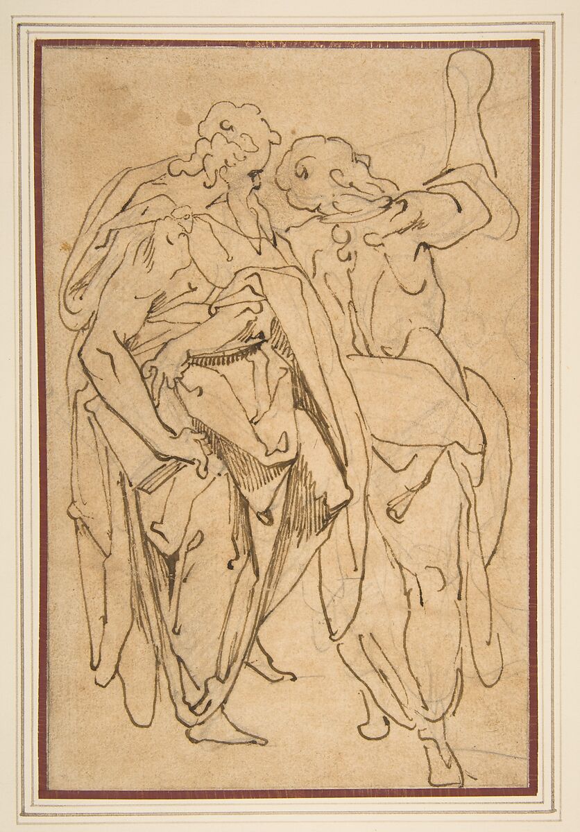 Two Standing Male Figures, Attributed to Jacopo Zucchi (Italian, Florence ca. 1540–1596 Rome), Pen and brown ink over black chalk underdrawing; on beige paper 