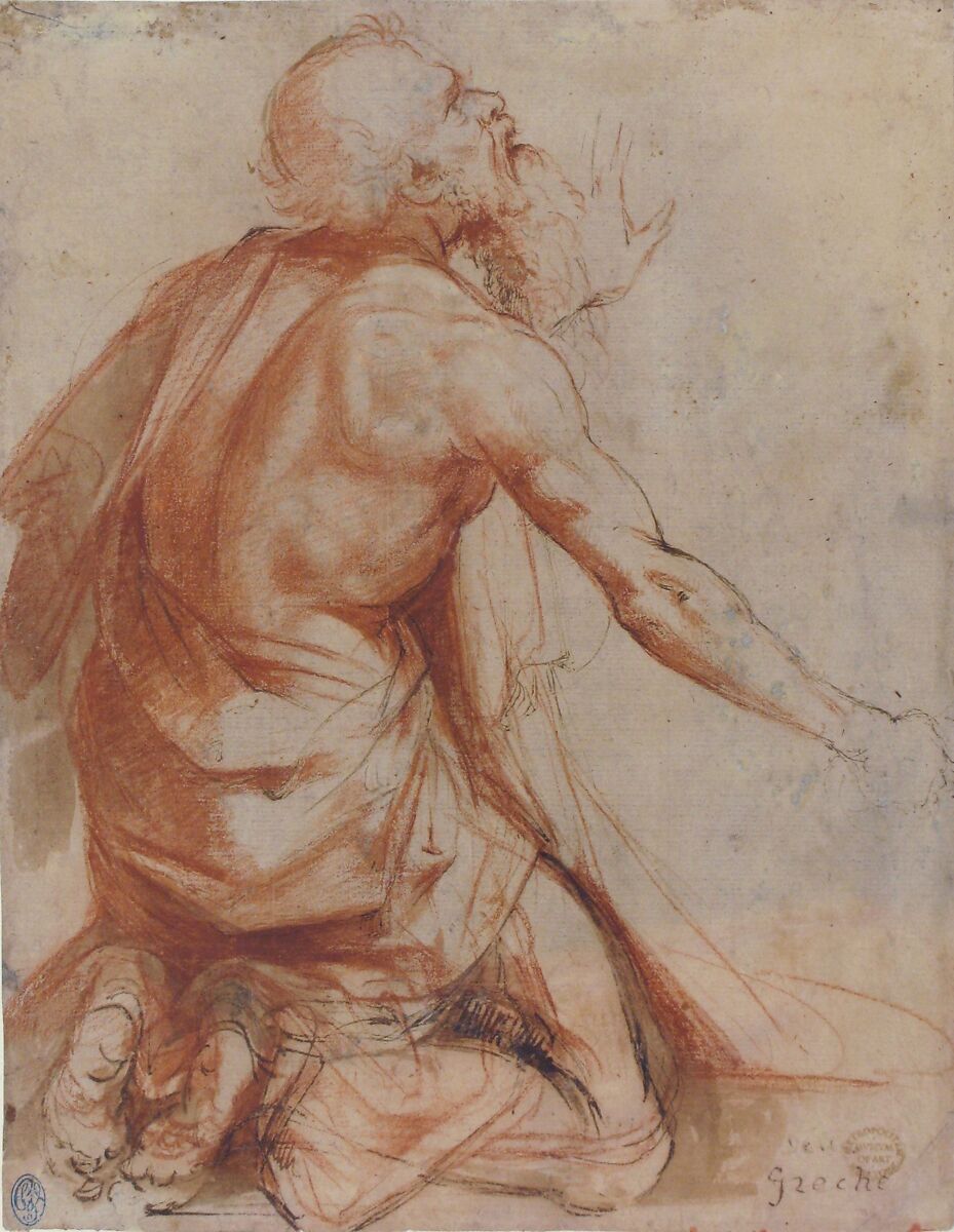 Kneeling Bearded Old Man (recto); Section of a Draped Limb and Sketches (verso), attributed to Nosadella (Giovanni Francesco Bezzi) (Italian, Bologna (?) ca. 1500–1571 Bologna), Red chalk, pen and brown ink with brush and brown and red wash, highlighted with a little white (recto); pen sketch of a seated, bearded man, and a red chalk drapery (?) study amongst charcoal or black chalk transfer preparation (verso)