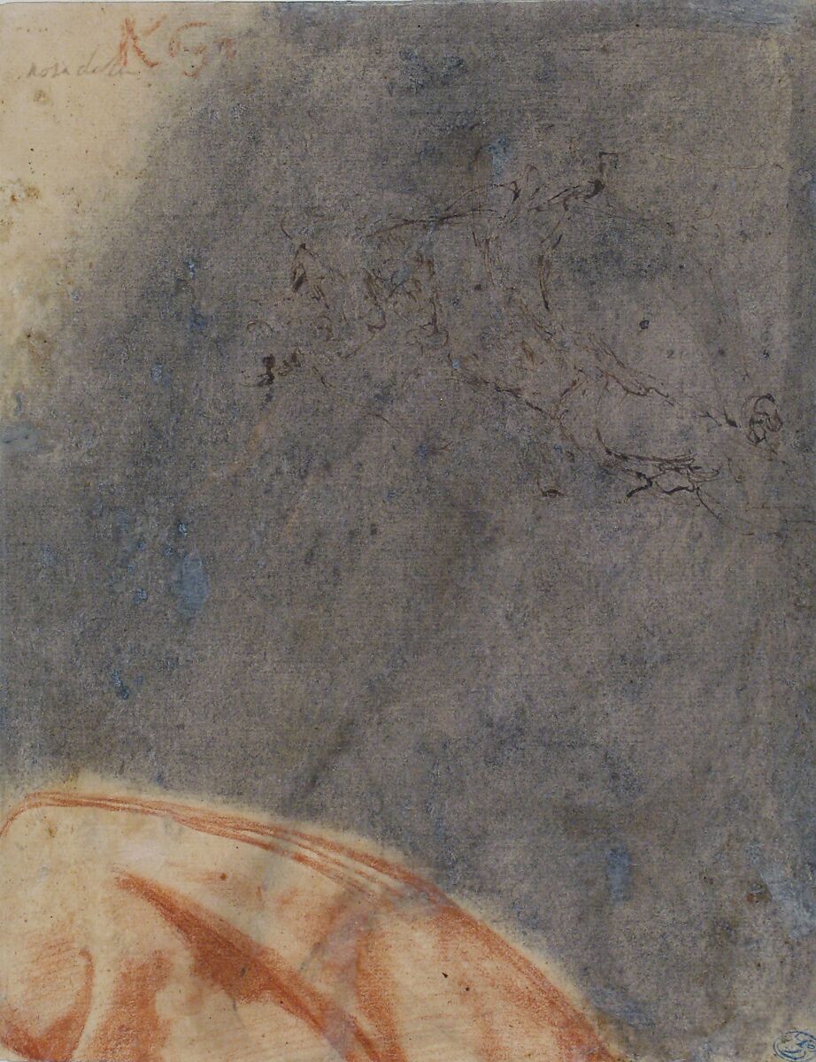 Kneeling Bearded Old Man (recto); Section of a Draped Limb and Sketches (verso), attributed to Nosadella (Giovanni Francesco Bezzi) (Italian, Bologna (?) ca. 1500–1571 Bologna), Red chalk, pen and brown ink with brush and brown and red wash, highlighted with a little white (recto); pen sketch of a seated, bearded man, and a red chalk drapery (?) study amongst charcoal or black chalk transfer preparation (verso)