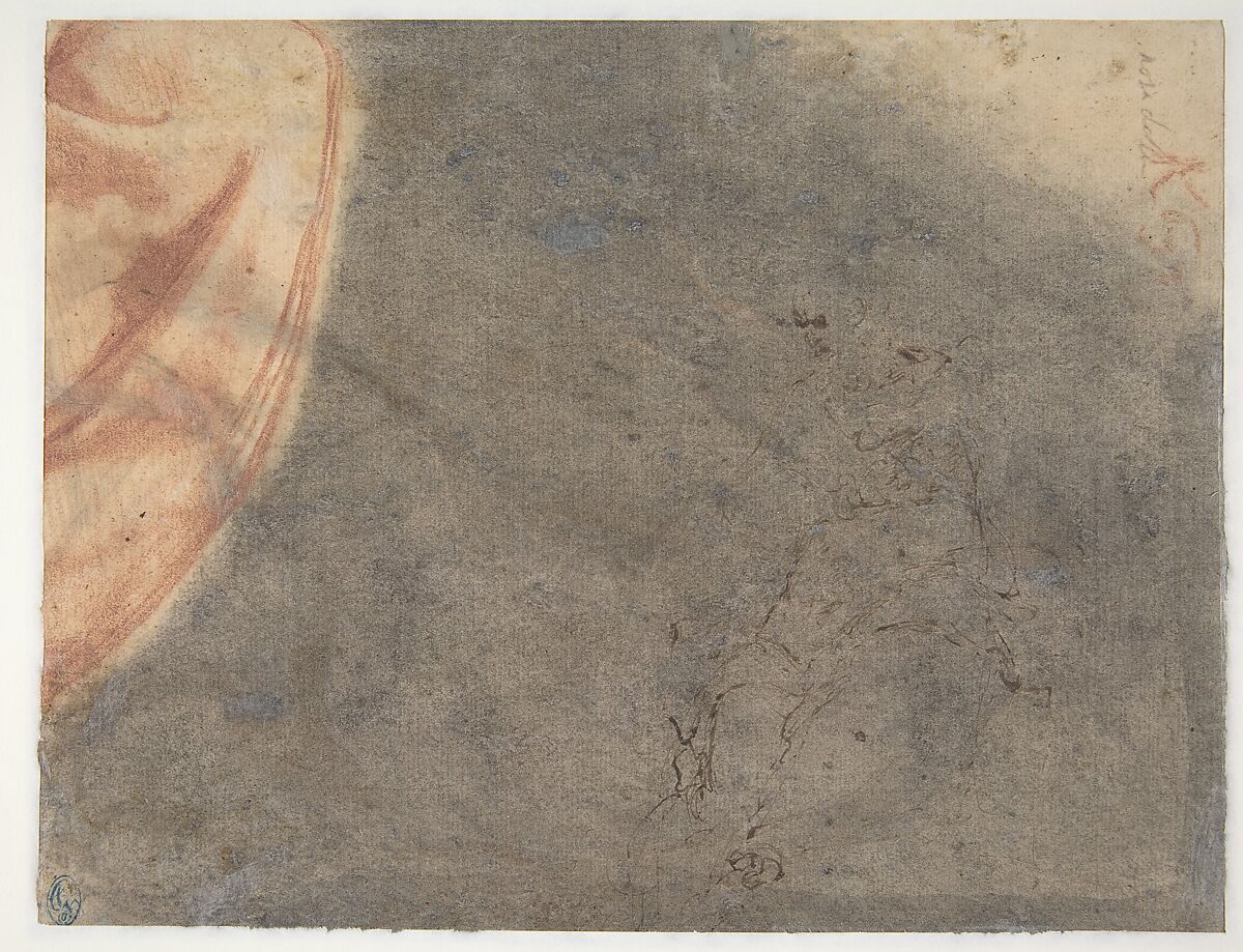 Kneeling Bearded Old Man (recto); Section of a Draped Limb and Sketches (verso), attributed to Nosadella (Giovanni Francesco Bezzi) (Italian, Bologna (?) ca. 1500–1571 Bologna), Red chalk, pen and brown ink with brush and brown and red wash, highlighted with a little white (recto); pen sketch of a seated, bearded man, and a red chalk drapery (?) study amongst charcoal or black chalk transfer preparation (verso)
