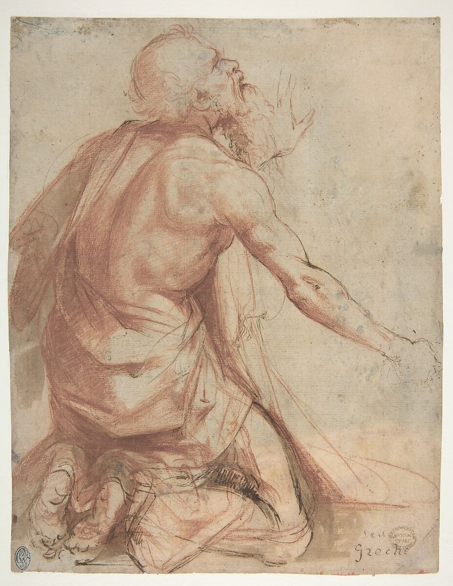 Kneeling Bearded Old Man (recto); Section of a Draped Limb and Sketches (verso), attributed to Nosadella (Giovanni Francesco Bezzi) (Italian, Bologna (?) ca. 1500–1571 Bologna), Red chalk, pen and brown ink with brush and brown and red wash, highlighted with a little white (recto); pen sketch of a seated, bearded man, and a red chalk drapery (?) study amongst charcoal or black chalk transfer preparation (verso) 