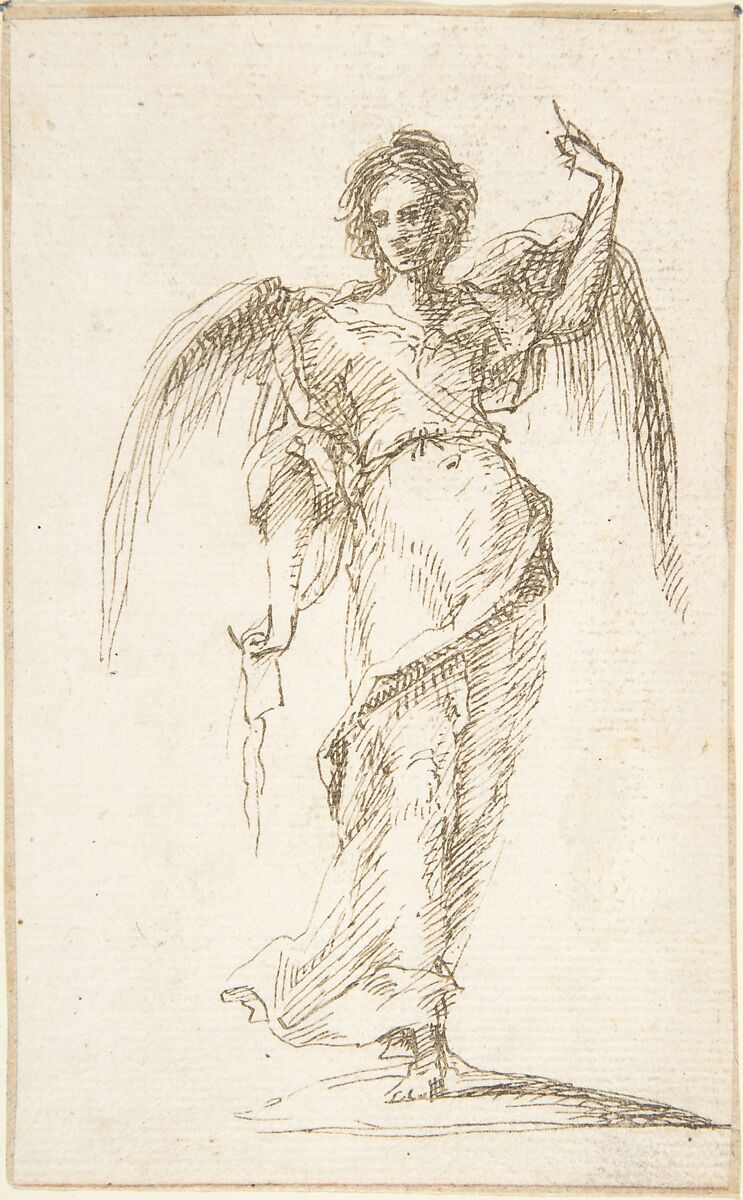 Standing Figure of an Angel, Attributed to Pedro  Duque Cornejo (Spanish, 1677–1757), Pen and dark brown ink. On ivory paper 