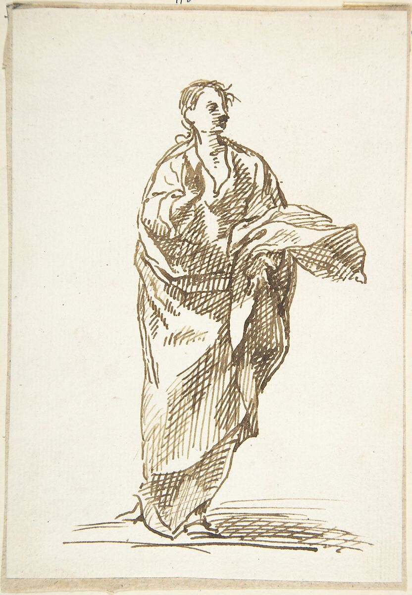 Standing Male Saint (an Apostle?), Attributed to Pedro  Duque Cornejo (Spanish, 1677–1757), Pen and dark brown ink on ivory paper 
