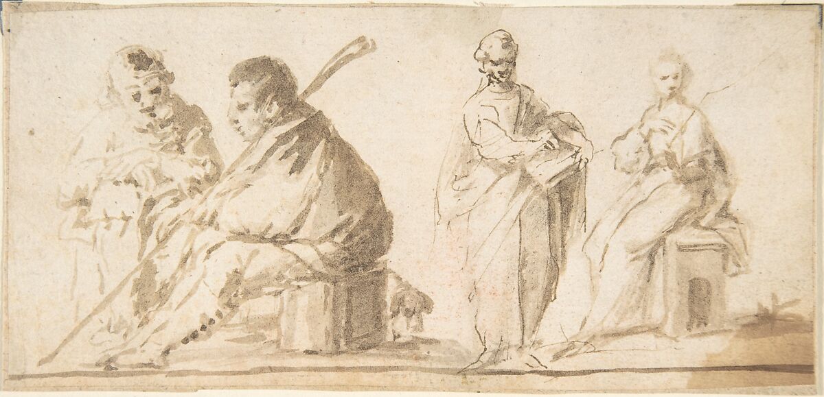 Four Figures, Anonymous, Spanish, School of Seville, 17th century, Two male figures: Brush and brown washes.
Standing female: Pen and dark brown ink with brush and brown wash.
Seated female: Brush and brown washes.
Ground line drawn along bottom of drawing in brush and brown wash. On off-white paper 