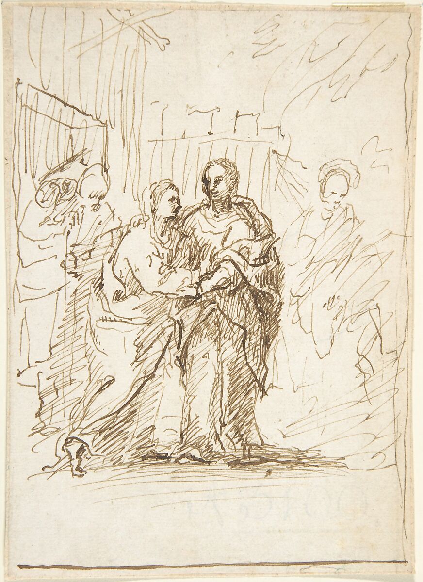 Visitation, Attributed to Pedro  Duque Cornejo (Spanish, 1677–1757), Pen and dark brown ink. Border line drawn along bottom of sheet and suggested at right side of sheet in pen and dark brown ink. On off-white paper 