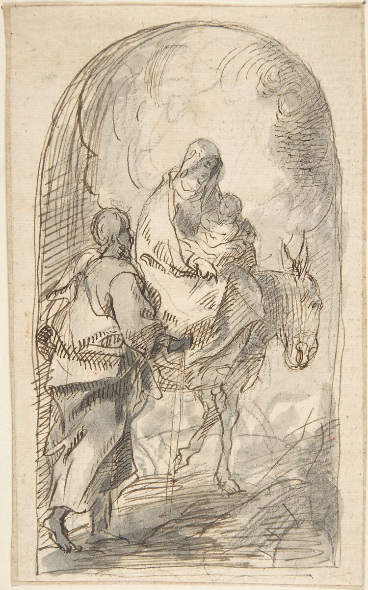 The Flight into Egypt, Attributed to Pedro  Duque Cornejo (Spanish, 1677–1757), Pen and dark brown ink, brush and gray wash, over black chalk underdrawing.  Outline of arch-shaped composition in the same pen and brown ink. On off-white paper 