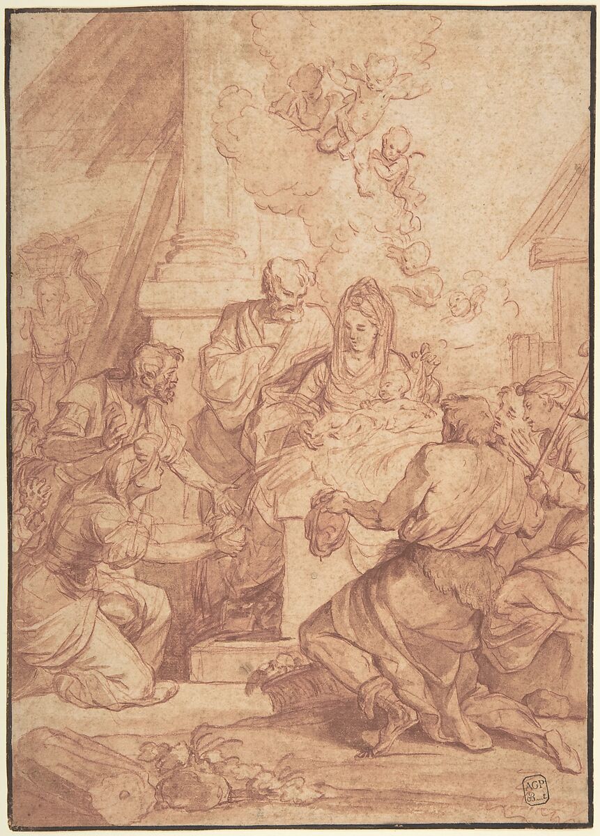 Adoration of the Shepherds, Nicolas Bertin (French, Paris 1668–1736 Paris), Red chalk, brush and red wash 