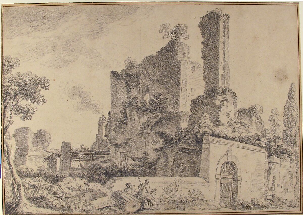 Trofei di Mario, Rome, Louis Chaix (French, Marseilles 1740–1811 Paris), Black chalk; framing lines in pen and brown ink