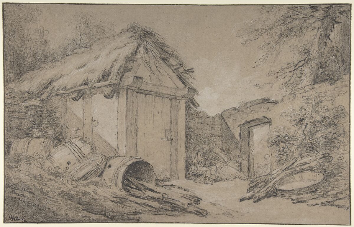 Farmyard, Charles Michel Ange Challe (French, Paris 1718–1778 Paris), Black and white chalk, gray wash, over a black chalk counterproof 