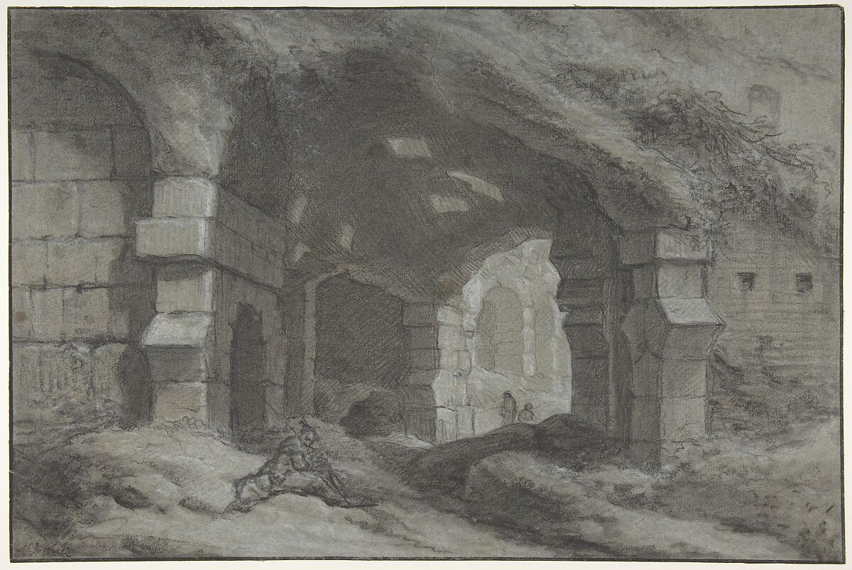 View Within the Colosseum, Rome, Charles Michel Ange Challe (French, Paris 1718–1778 Paris), Black chalk, heightened with white on gray-blue paper; framing lines in pen and brown ink. Verso: faint black chalk sketch of an arch 