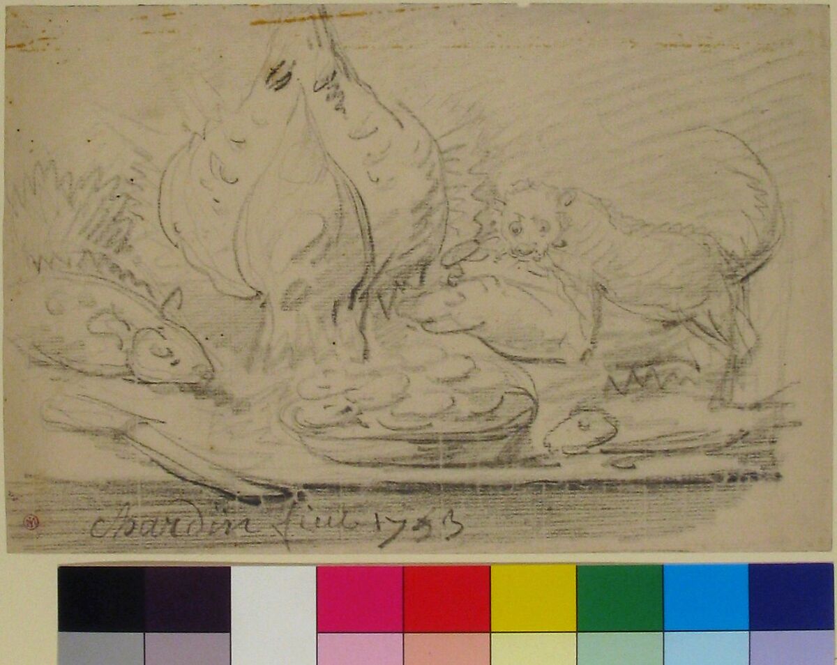 Cat Surveying Fish and Fowl on a Table, Attributed to Jean Siméon Chardin (French, Paris 1699–1779 Paris), Black chalk