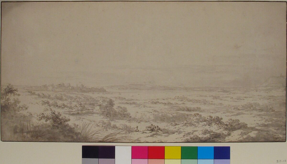 Distant View of Syracuse and its Harbor, Claude Louis Châtelet (French, Paris 1753–1794 Paris), Pen and pale brown ink, brush and gray wash, over graphite; framing lines in pen and dark brown ink