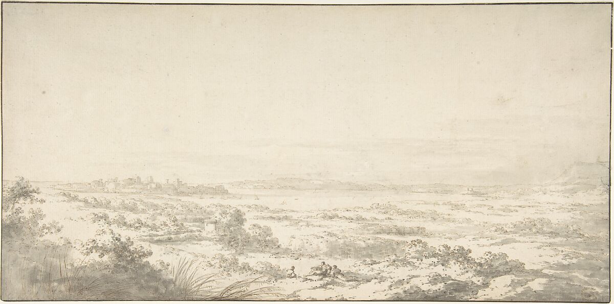 Distant View of Syracuse and its Harbor, Claude Louis Châtelet  French, Pen and pale brown ink, gray wash over traces of graphite. Framing lines in dark brown ink.