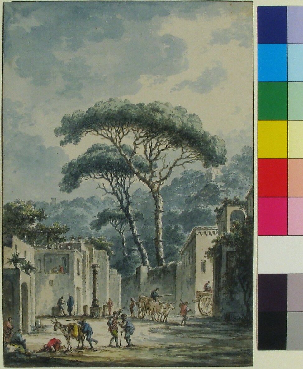 Road Leading to the Grotto of Posillipo, Claude Louis Châtelet (French, Paris 1753–1794 Paris), Pen and black ink, brown wash, watercolor, over faint underdrawing in graphite