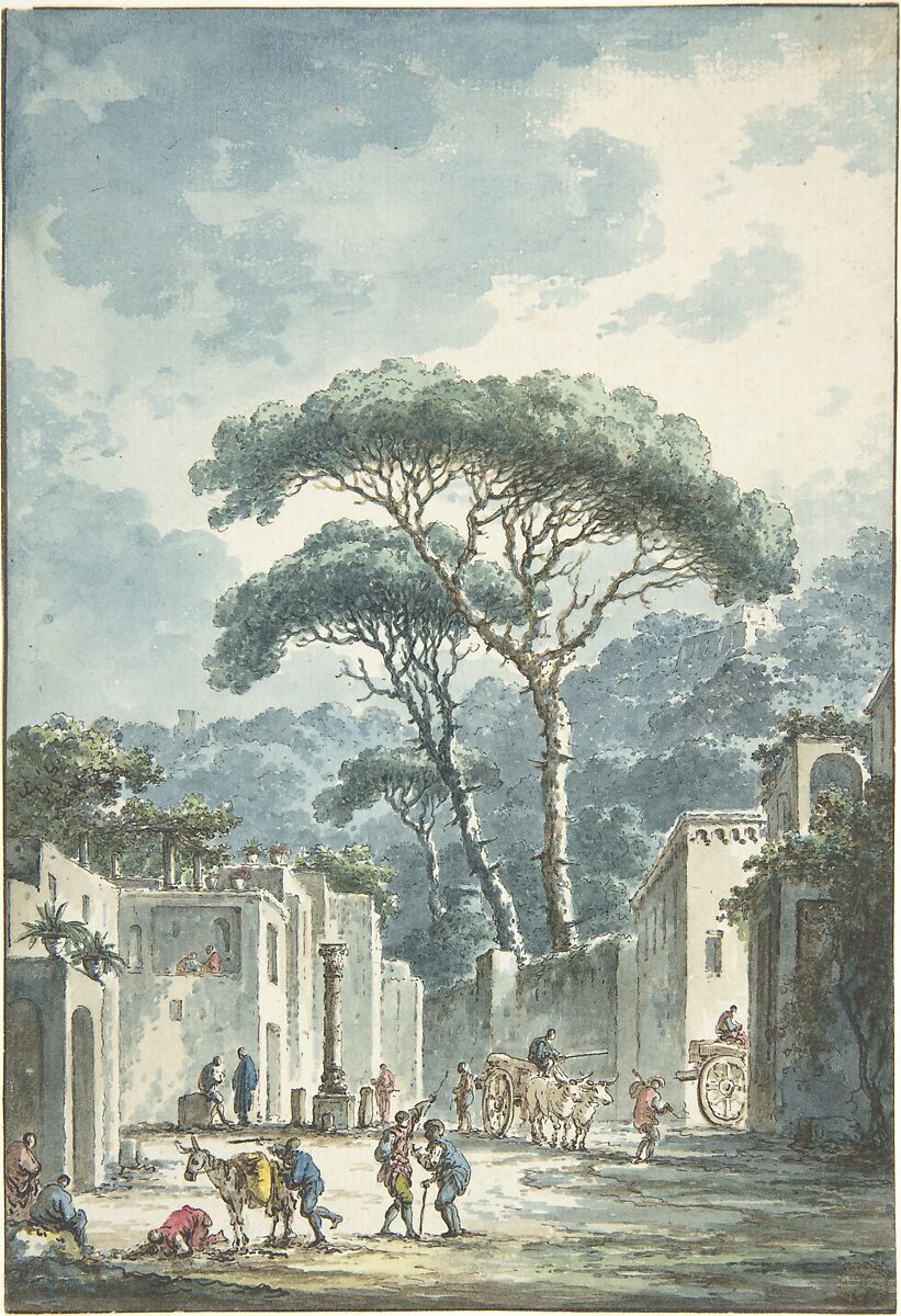 Road Leading to the Grotto of Posillipo, Claude Louis Châtelet (French, Paris 1753–1794 Paris), Pen and black ink, brown wash, watercolor, over faint underdrawing in graphite 