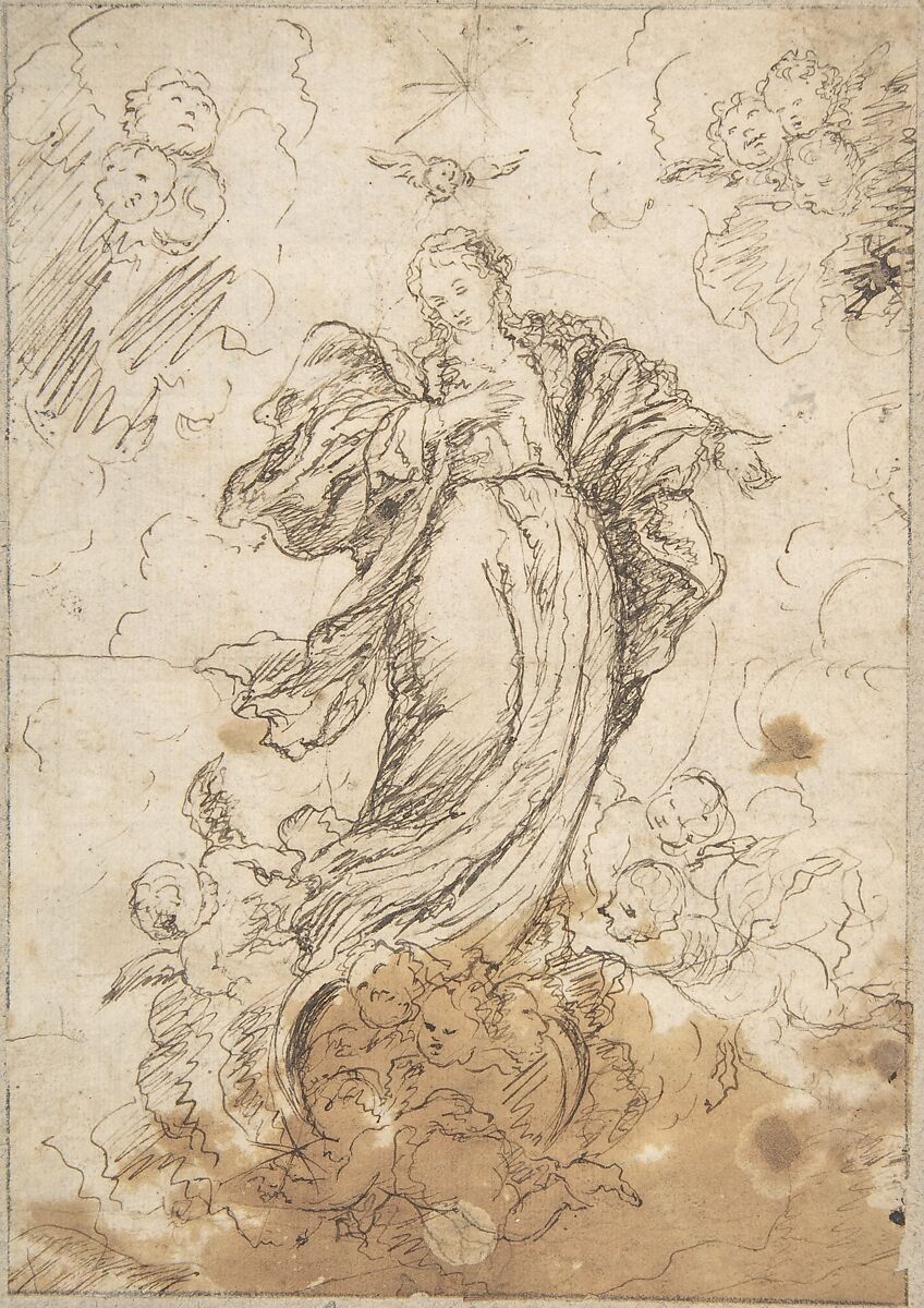 Virgin of the Immaculate Conception, Anonymous, Spanish, School of Seville, 17th century, Pen and dark brown ink over traces of black chalk underdrawing. Outlines of composition later ruled in graphite. On off-white paper 