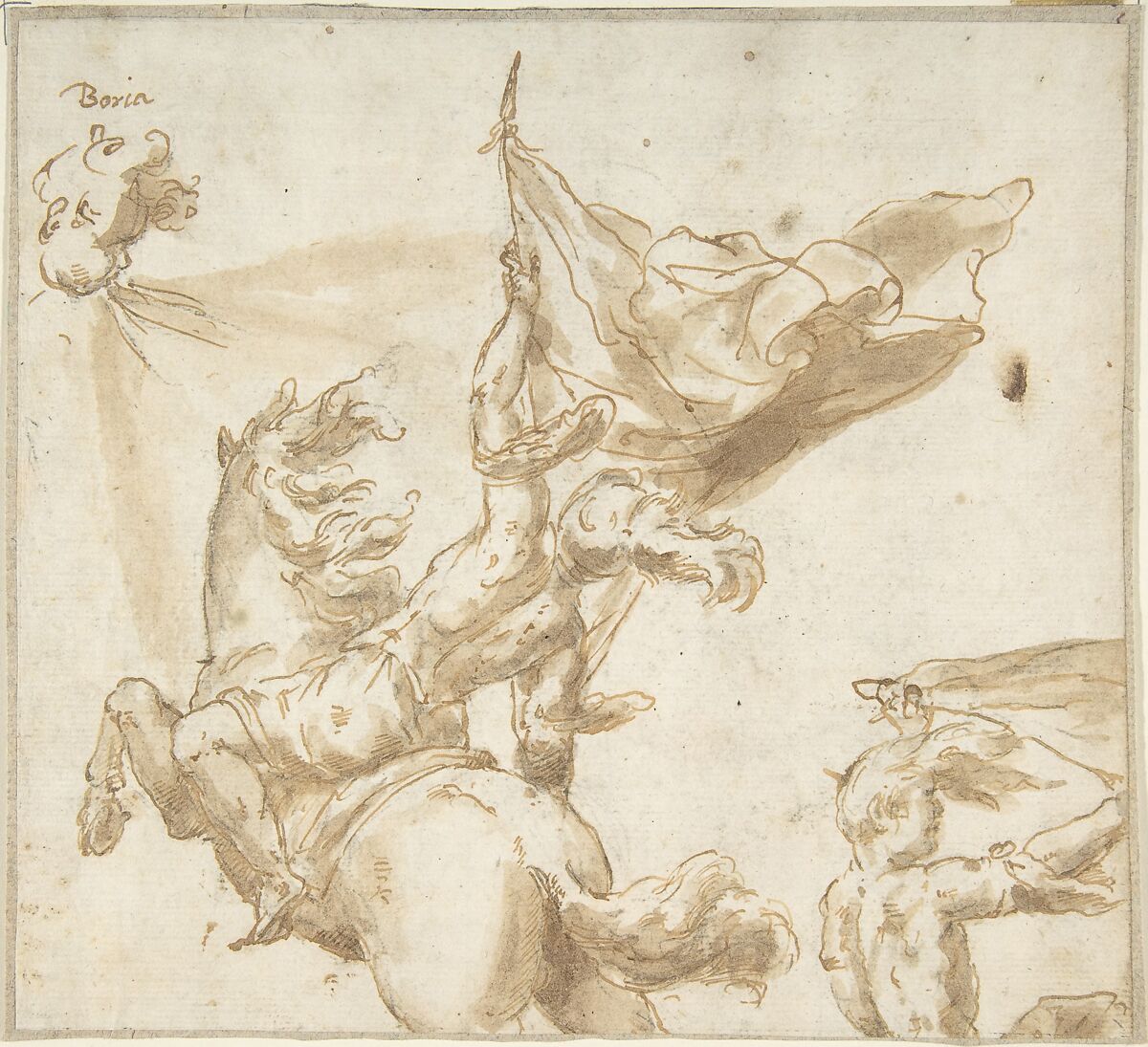Figure of a Soldier on Horseback Holding a Flag, Anonymous, Spanish, School of Seville, 17th century, Pen and light brown ink, brush and light brown wash, over traces of black chalk contours. On off-white paper 