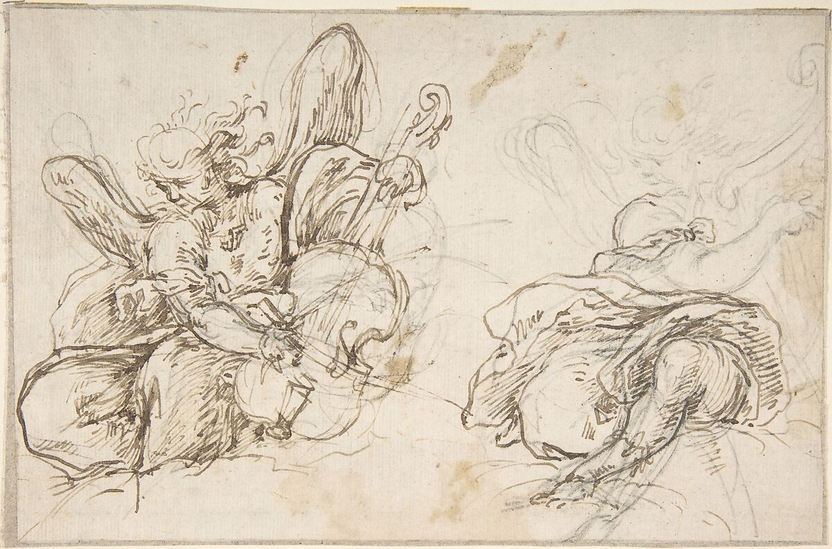 Figures of Two Music-Making Angels, Anonymous, Spanish, School of Seville, 17th century, Pen and dark brown ink over black chalk underdrawing. Traces of framing outlines ruled in black chalk. On off-white paper 