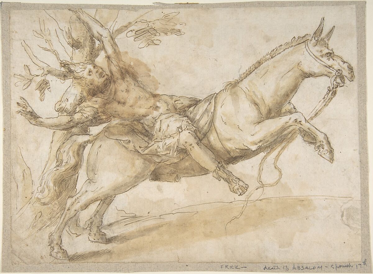 Death of Absalom, Anonymous, Spanish, School of Seville, 17th century, Pen and dark brown ink, brush with light brown and gray washes, over black chalk underdrawing. On off-white paper 