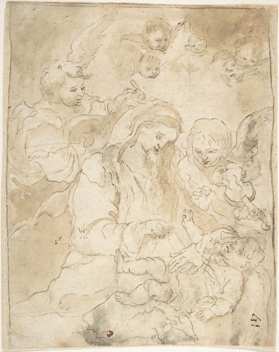 Madonna and Child with Angels Playing Lute and Viola da Braccio, Anonymous, Spanish, School of Seville, 17th century, Pen and medium brown ink, brush and light brown wash, over black chalk underdrawing. On off-white paper. Composition broadly outlined in pen and brown ink 