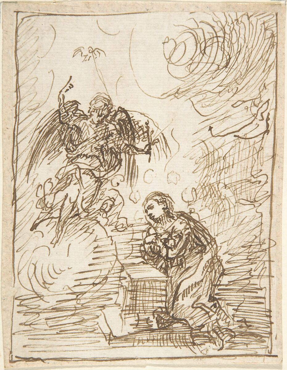 The Annunciation, Attributed to Pedro  Duque Cornejo (Spanish, 1677–1757), Pen and dark brown ink. Composition outlined in same, by the artist. On ivory paper 