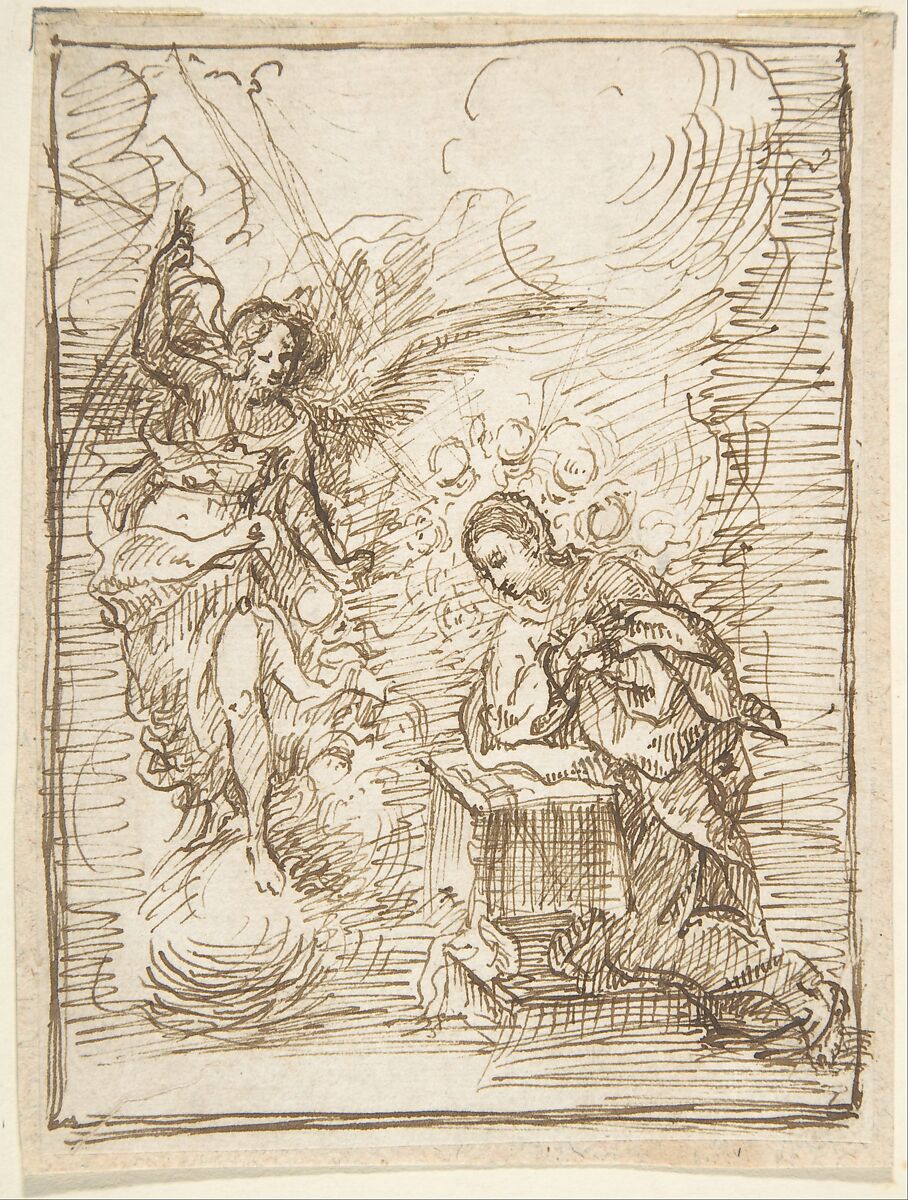 The Annunciation, Attributed Pedro  Duque Cornejo (Spanish, 1677–1757), Pen and dark brown ink. Composition outlined in the same, by the artist. On off-white paper 