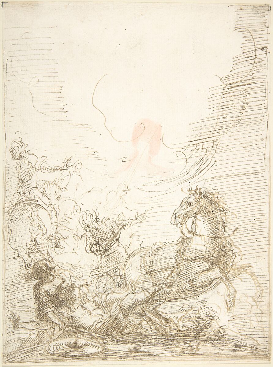 The Conversion of Saint Paul, Anonymous, Spanish, School of Seville, 17th century, Pen and light brown ink, reinforced with pen and dark brown ink, over black chalk underdrawing. Traces of outlines along borders of composition in pen and dark brown ink, brush and brown wash. On off-white paper 