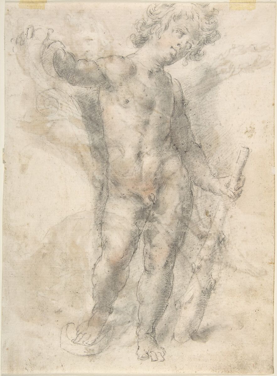 Two Figures (recto); Standing Figure (Young Hercules?) (verso), Anonymous, Spanish, School of Seville, 17th century, Larger figure: Pen and light brown ink with brush and light brown wash over black chalk underdrawing. Crouching figure: Pen and dark brown ink with brush and light brown wash over black chalk (recto). On off-white paper. Black chalk (verso)
